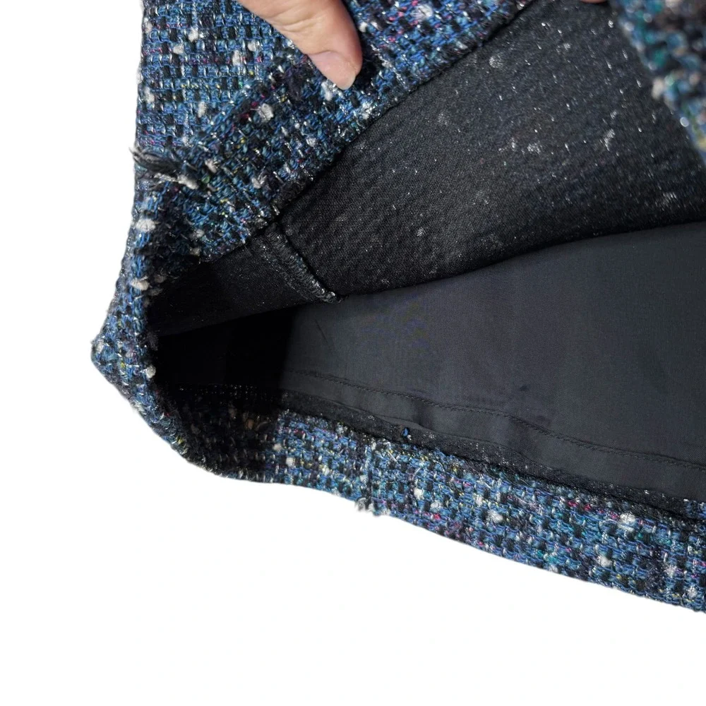 Tory Burch Tweed Pencil Skirt Blue Fringe‎ Trim Knee Length Wool Blend size 4